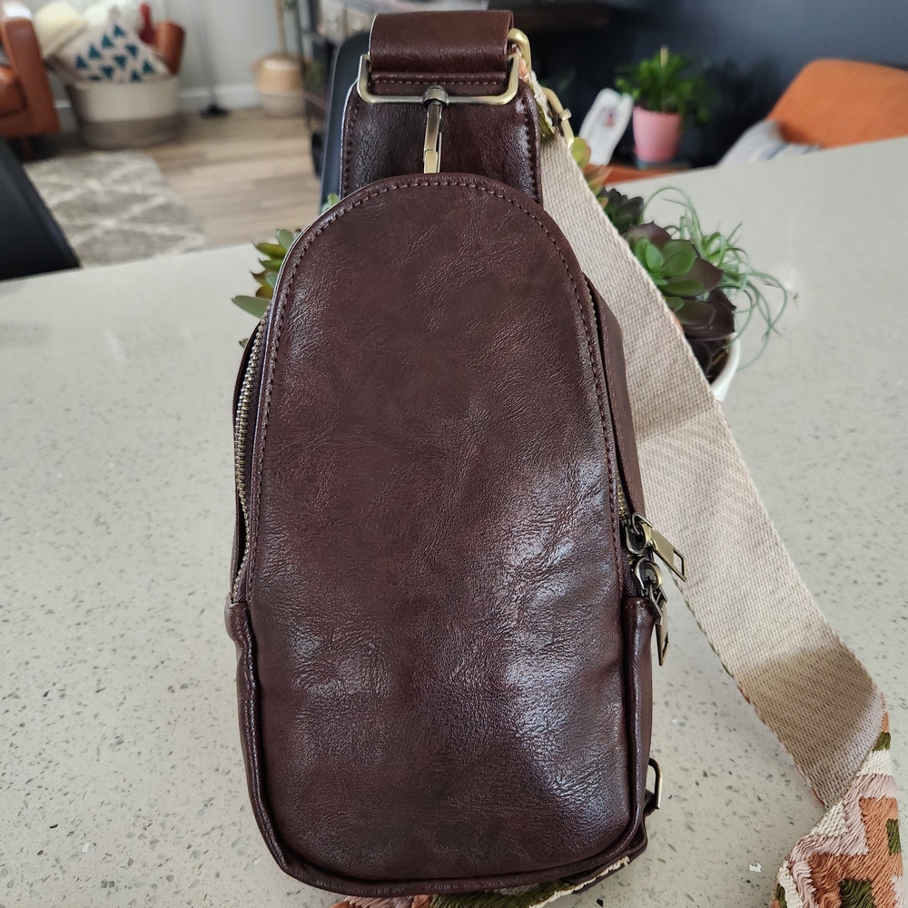 Brown Crossbody Sling Bag with Patterned Strap New Without Tag - Picture 2 of 13